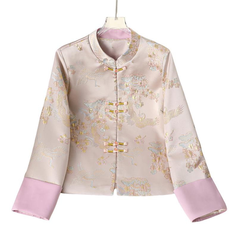 Jachetă Tang Retro Brodată pentru Femei Petite cu Guler Înalt și Nasturi Broscuță - Primăvară/Toamnă