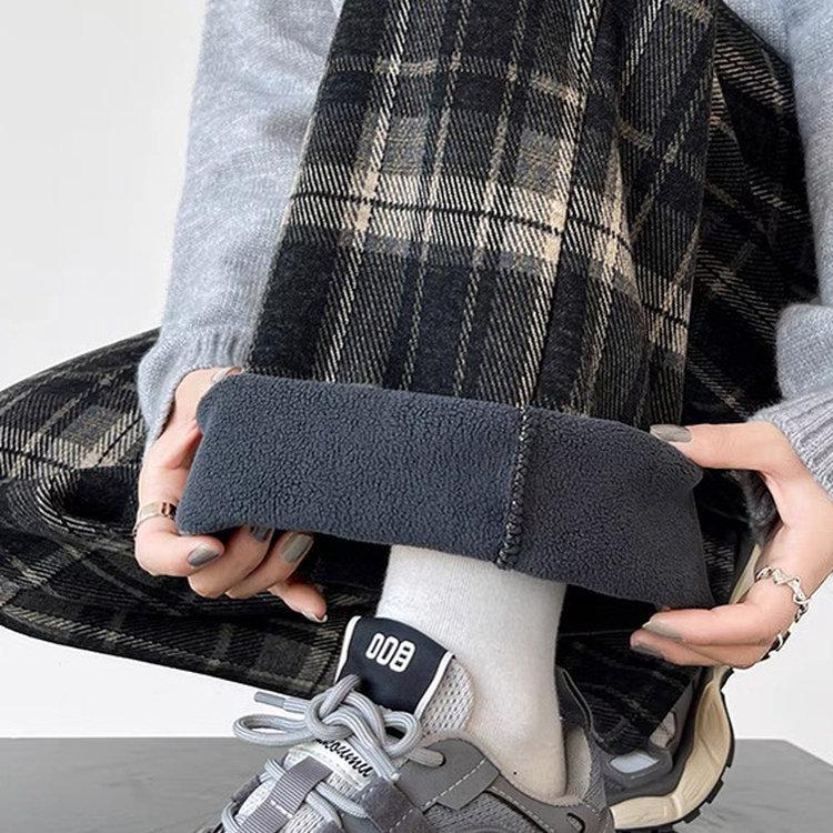 145 Small Wide-Leg Plaid Pants for Women - Coffee Color, High Waist, Woolen Drape, Plus Velvet, Straight Leg, Extra Long, for Autumn/Winter.