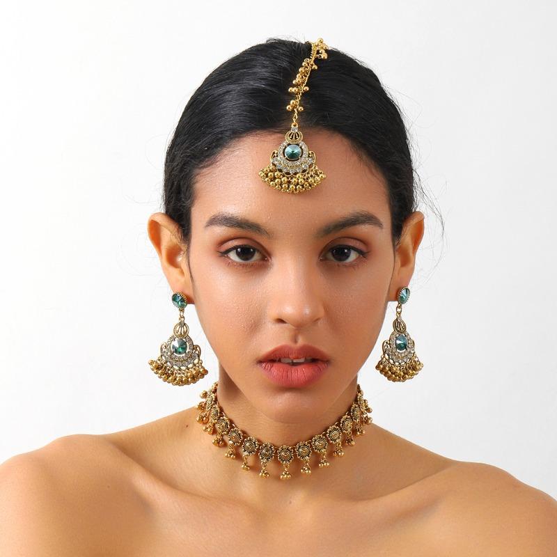 Diamond-encrusted Water Drop Tassel Earrings Hair Chain Necklace Set Ethnic-style Forehead Chain Jewelry