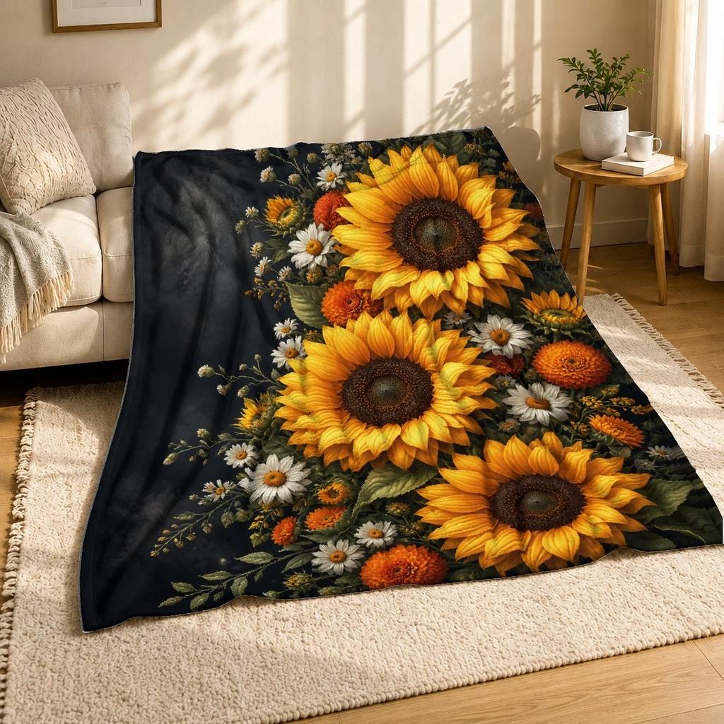 Sunflower Daisy Bouquet Coral Fleece Blanket Floral Garden Decor