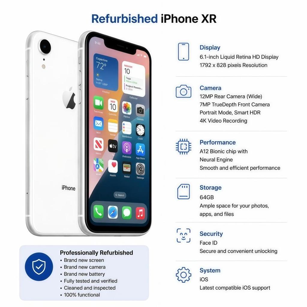 Refurbished Apple iPhone Xr 6.1'' 3GB RAM 64GB ROM White 4G LTE Unlocked Smartphone With Single SIM