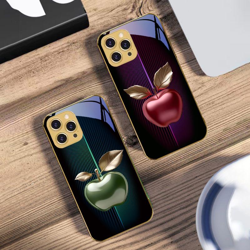 Stripe gradient apple red For IPhone 16 Pro Max 15 P ro 14 13 Plus 12 Mini 11Pro Max XS Max XR Golden tempered glass phone case