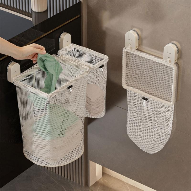 Easy Install Suction Cup Laundry Basket Foldable Mesh Storage Modern Styles Bathroom Organizer Holds Bulk Clothes