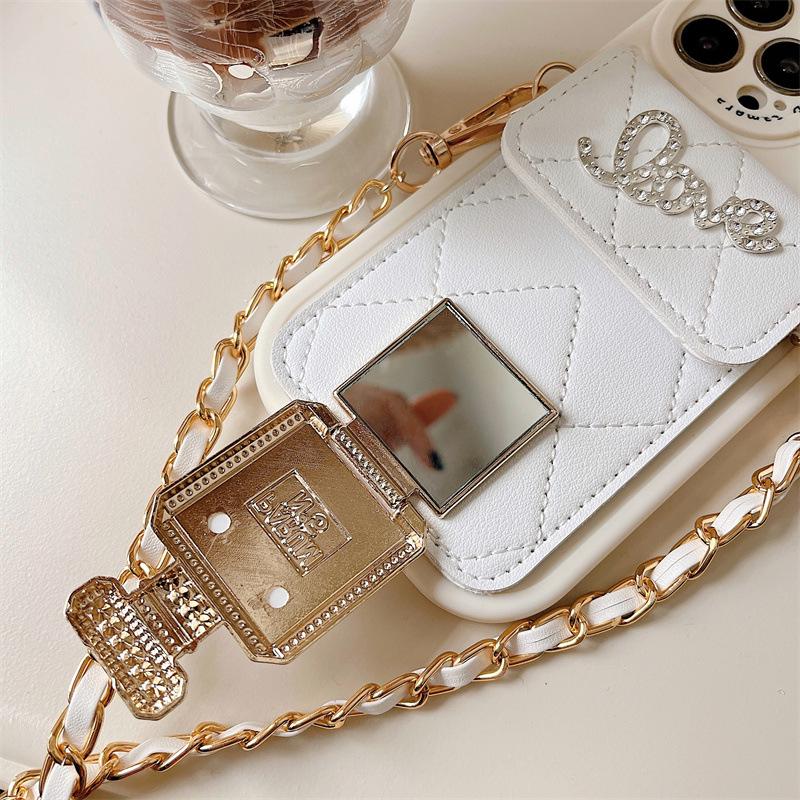 Luxury silicone perfume holder case with oblique chain for Apple 14 Promax, 13, 12, 11 soft full package card holder.