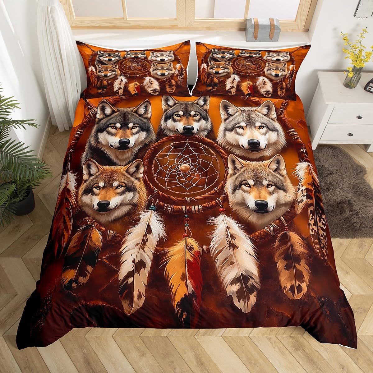 

Wolf Duvet Cover Twin Dream Catcher Bedding Set For Kids Boys Girls Wild Adventure Comforter Cover Wild Animals Bedspread Cover EU Single(135x200cm)