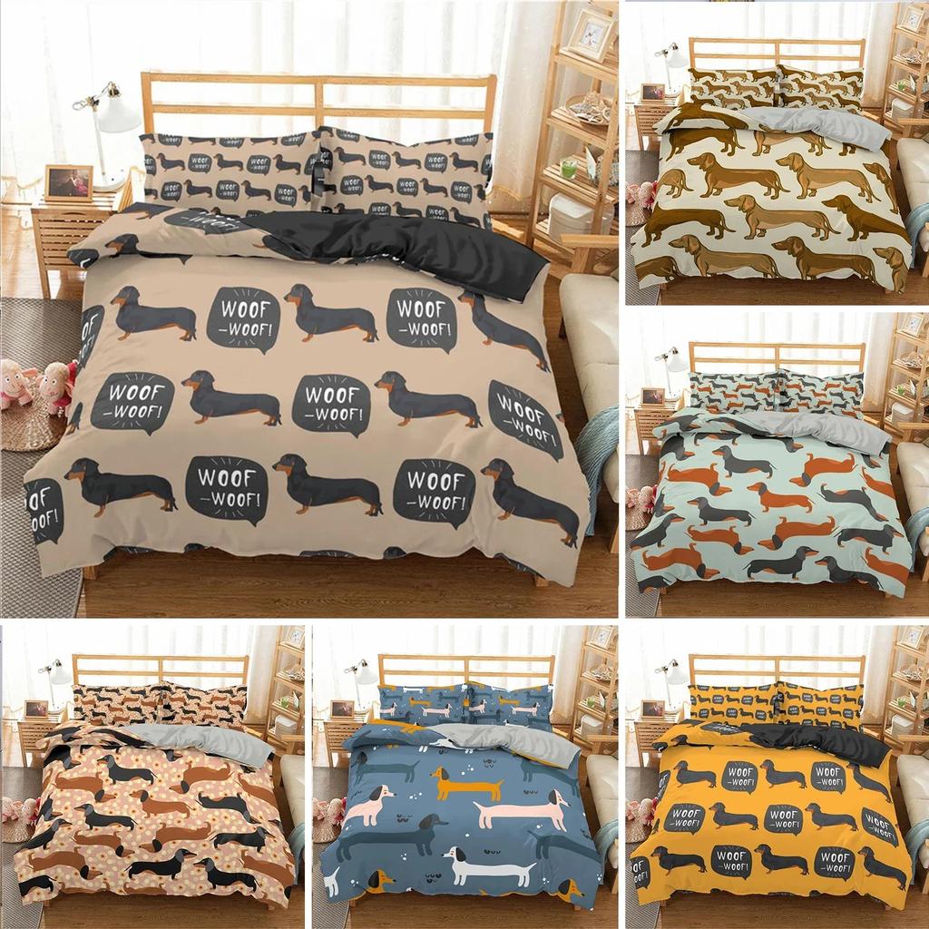 Cartoon Dachshund Cute Sausage Dog Comfortable Duvet Quilt Cover Pillowcase Bedding Set Children Bedroom Decoration Home Textile
