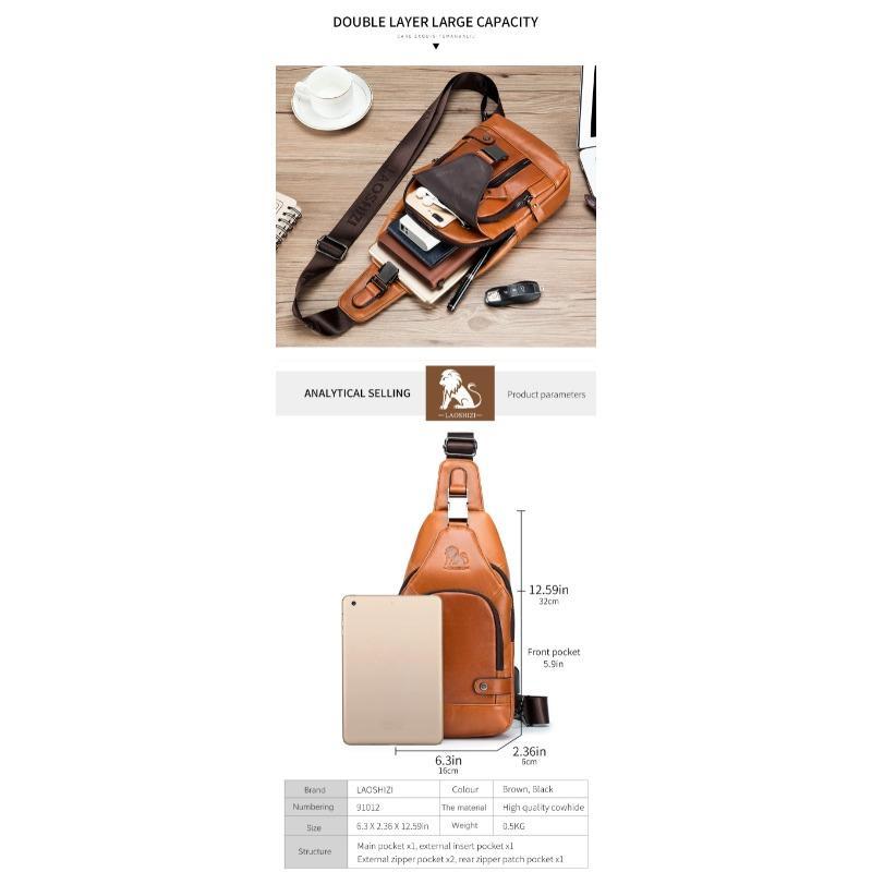 New 100% Genuine Leather Chest Bag Men's Fashion Style Casual Crossbody Bags With USB Large Capacity Men's Shoulder Bag