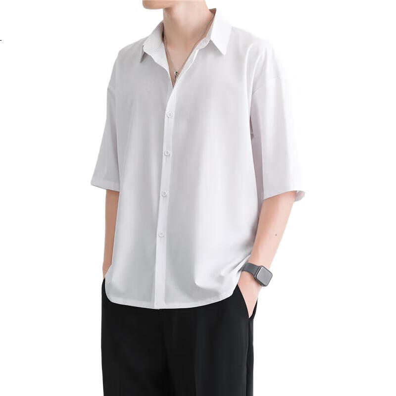 Mianzhi Men's Shirt, Summer Ice Silk Cool Feeling Versatile Top, Loose Casual Solid Color Short Sleeve Shirt for Men, White, L