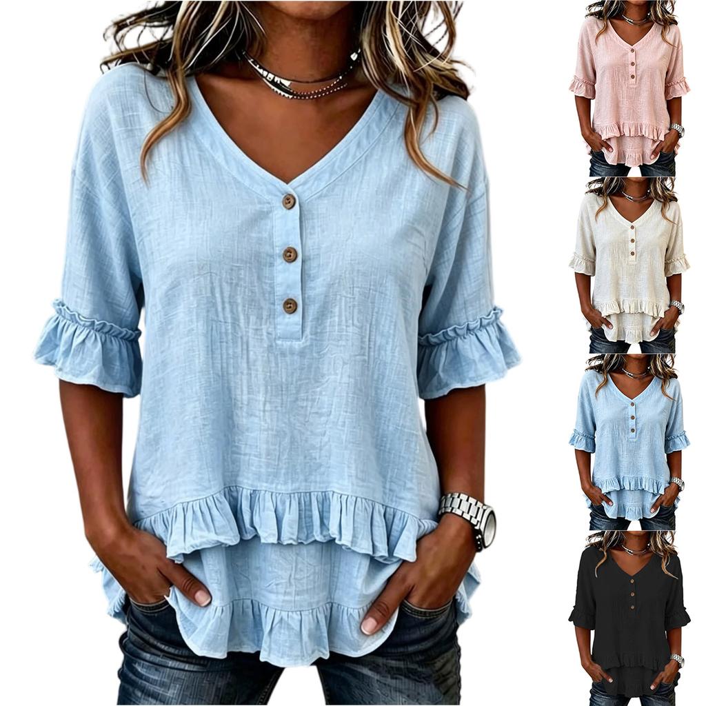 Damen locker geschnitten V-Ausschnitt Rüschensaum Knopfleiste Baumwolle Leinen Bluse Vintage Stil Halbarm Lässiger Pullover Oberteil Hemd