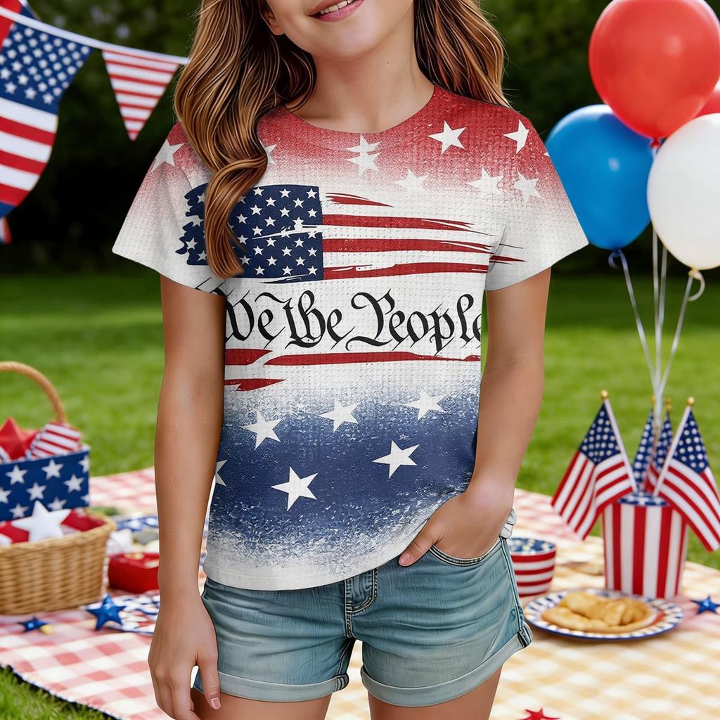 Kids Independence Day Print Round Neck Short Sleeve Casual T-shirt