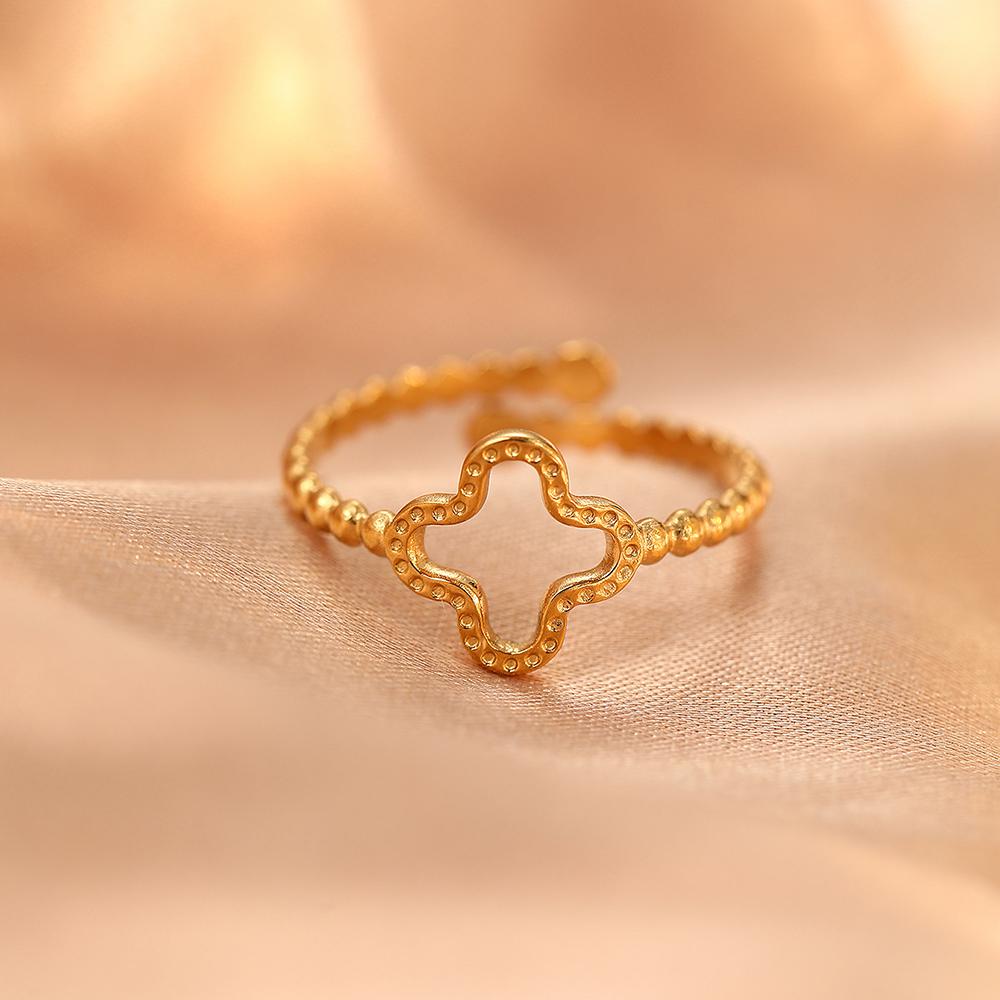 Stainless Steel Opening Adjustable Ring Female Simple Hollow Four-Leaf Clover Lucky Finger Ring Jewelry Creative Gifts