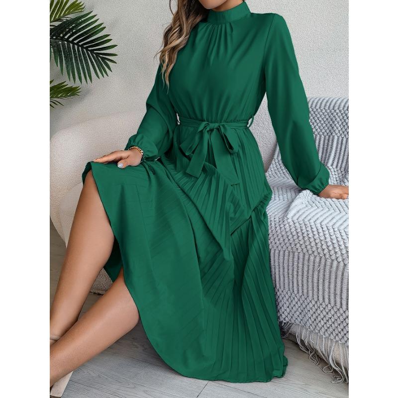 Spring and Autumn Elegant Stand Collar Long-sleeved Waist-fitting Pleated Women's Dresses
