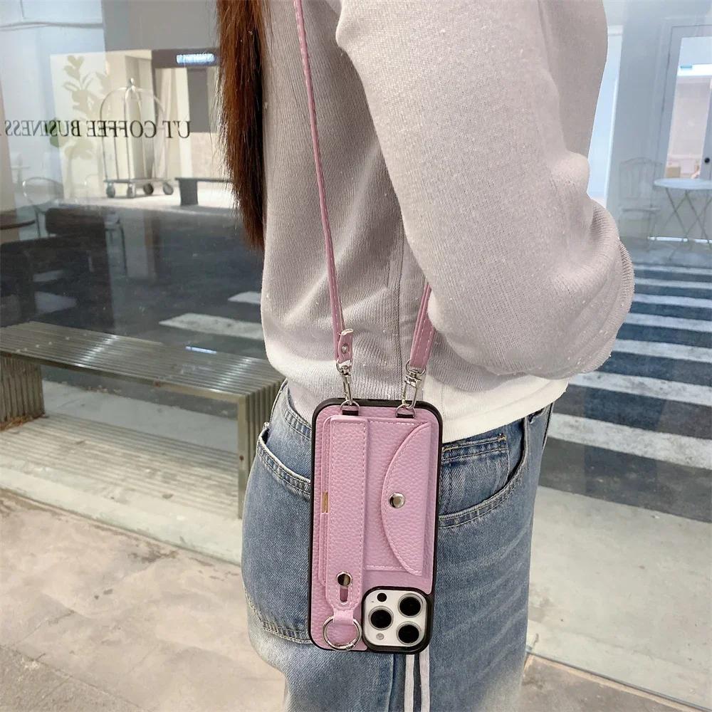 Crossbody Wrist Strap with Card Holder Phone Case for IPhone 16E 16 15 14 Plus 13 12 11 8 7 Pro Max XS Leather Ring Stand Cover