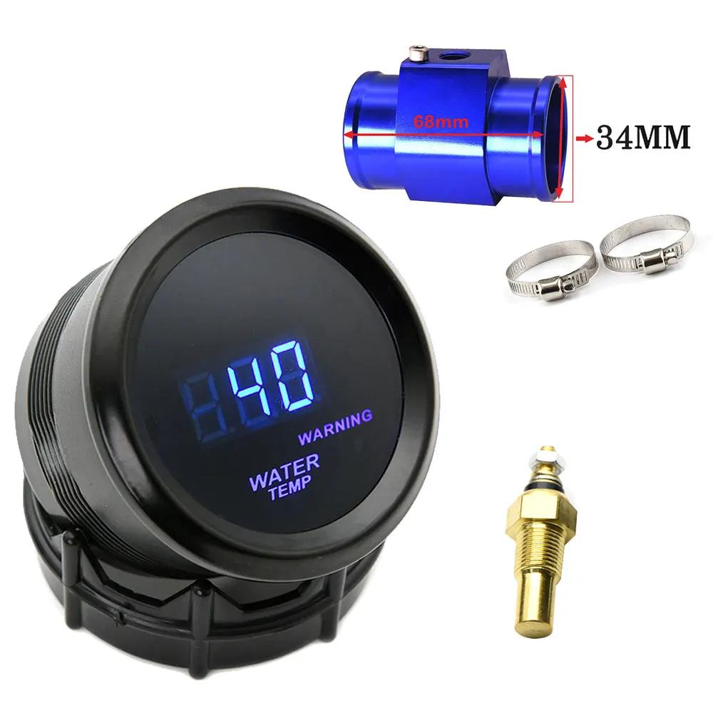 52mm Wassertemperaturanzeige Blaue LED-Beleuchtung mit 16mm-40mm Anschlussrohr-Adapter Schwarz/Blau mit Wassertemperatur 1/8NPT Sensor