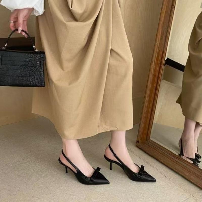 

Fashion Fashion Stiletto Pointed Toe One Bow Shallow Single Shoes Back Trip Strap Slingback High Heel Sandals for Women 43 чёрный