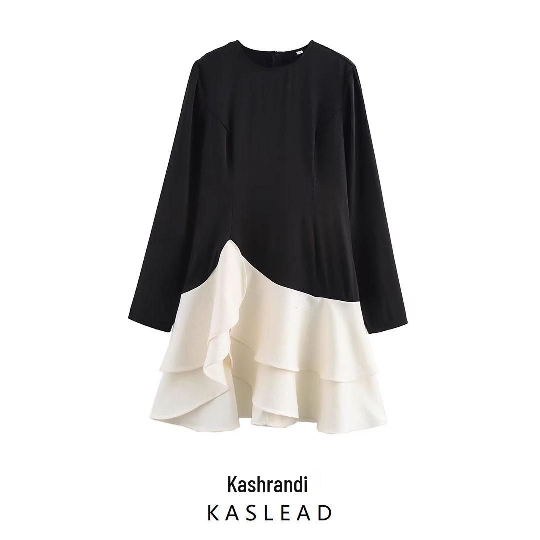 

Spring 2025 Women s European & American Style Retro Color Block Long Sleeve Dress Small