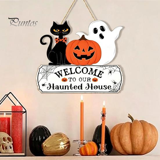 Solid Wood Craft Gift Halloween Welcome Door Sign, Pumpkin Ghost Black Cat Hanging Decor for Wooden Sign Front Door, Rustic Farmhouse Wall Art Indoor