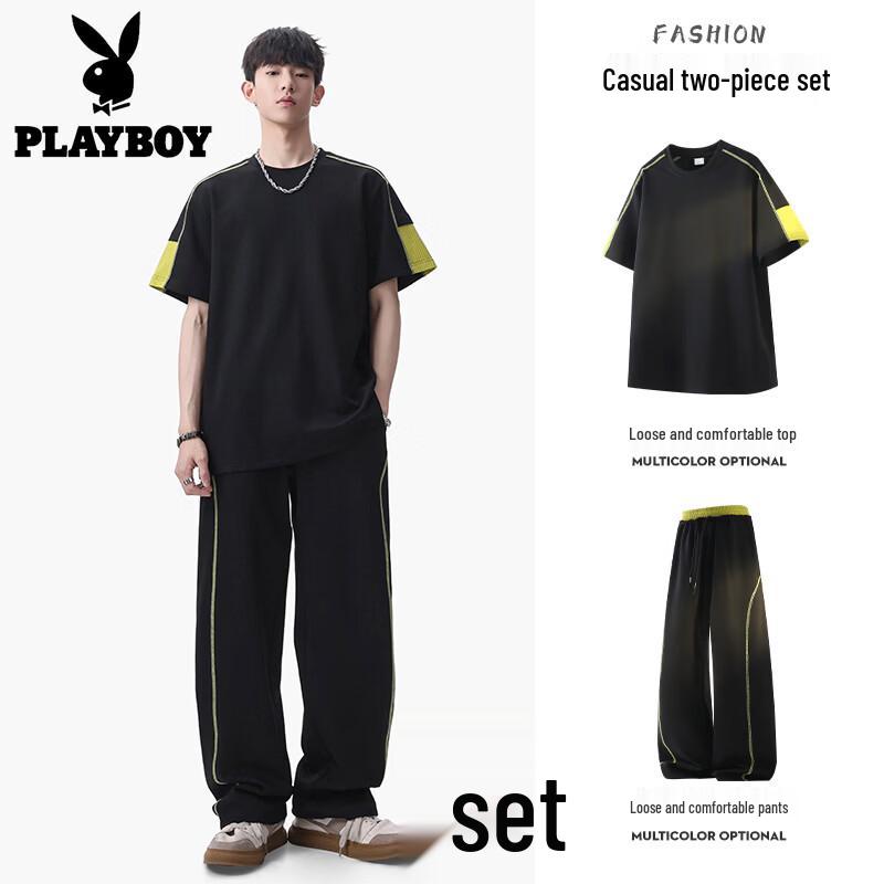 PLAYBOY Men s Ice Silk Short-Sleeve Shorts Sportswear Set XL