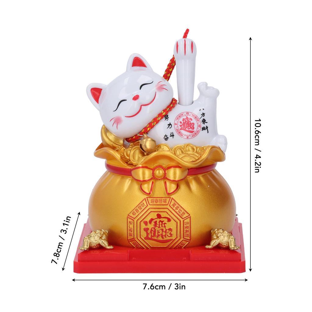 Lucky Cat Statue Plastic Solar Light Sensing Automatic Waving Arm Fortune Bag Cat Ornament for Home Car Dashboard Decoration