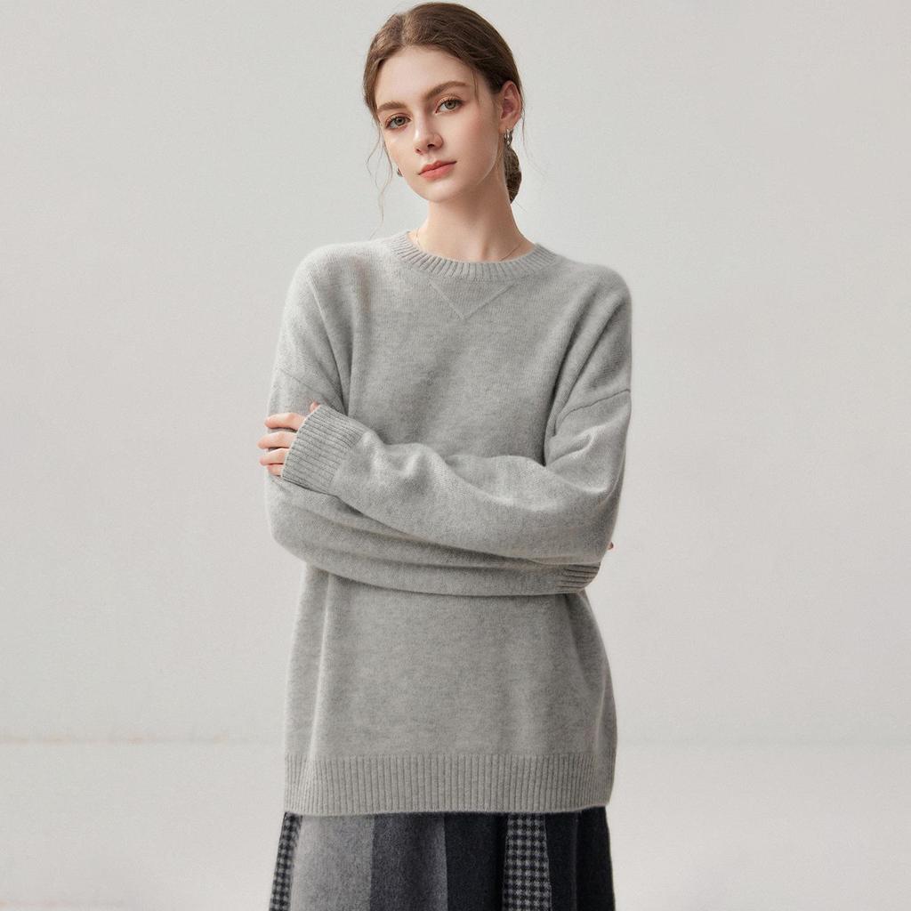 Women's Mid-Length Thickened Cashmere Sweater, Round Neck, Loose Fit, Simple Commuting Style - Ideal for Autumn and Winter Layers