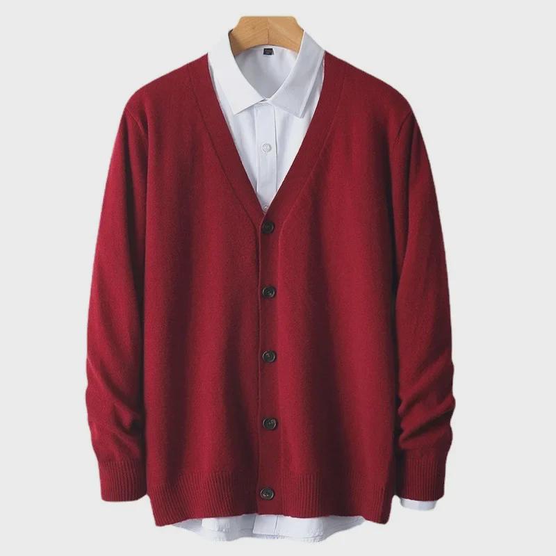Pánský kašmírový vlněný kardigan svetr s výstřihem do V - Volný jednobarevný, Dlouhý rukáv, Ležérní univerzální (2024).