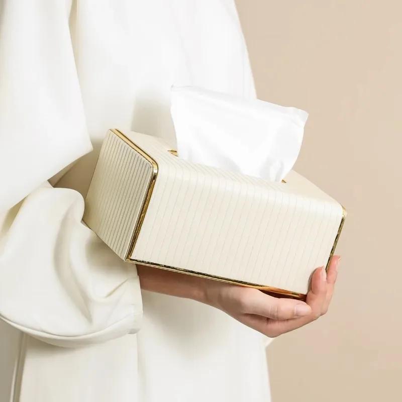 1 Piece Scandinavian Style Faux Leather Tissue Box - Gold Stripe Rectangle Design for Living Room, Dining Room or Bathroom