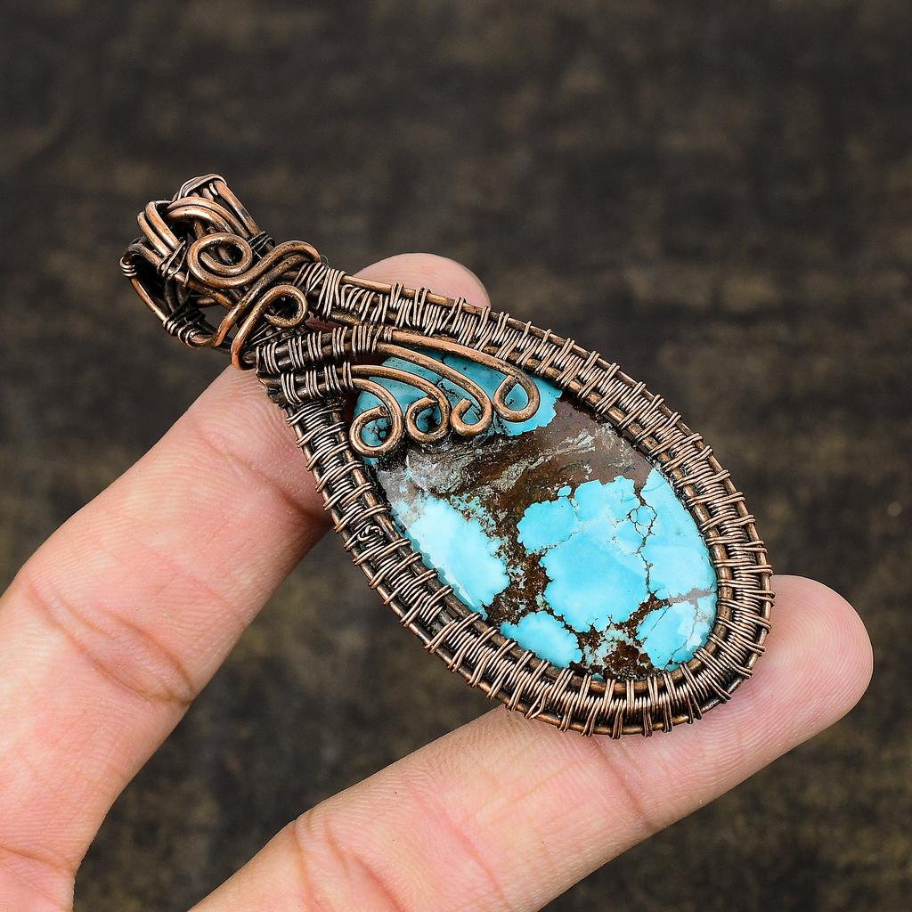 Pierre Précieuse Turquoise Tibétaine Naturelle Fil de Cuivre Enroulé Pendentif Cadeau 2.99 K9N50