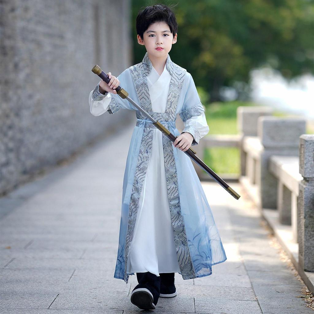 Hanfu Boys' Summer Thin Ancient Costume: High-End Chinese Scholar Flying Fish Robe, Wuxia Swordsman Tang Suit
