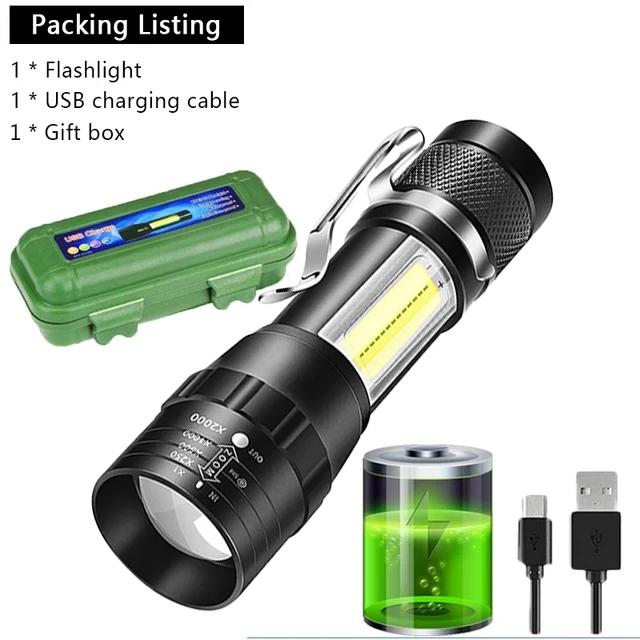 USB Rechargeable Mini Flashlight COB+XPE Portable Built-in Battery Zoomable Small Torch 3 Mode Camping Emergency Flashlights