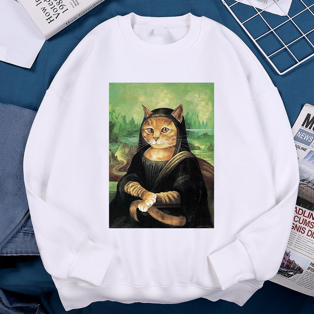 Orange Cat Parodies Mona Lisa Man Hoody For Women Unisex Casual Loose Sweatshirt Creativity O-Neck Clothes Autumn High Quality Hoodie