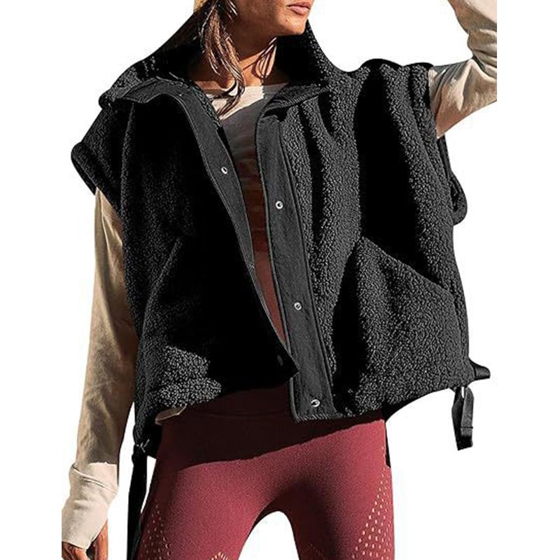 Fall and Winter Women's Faux Wool Vest Casual Sleeveless Jacket Oversized Buckle Vest Coat with Pockets