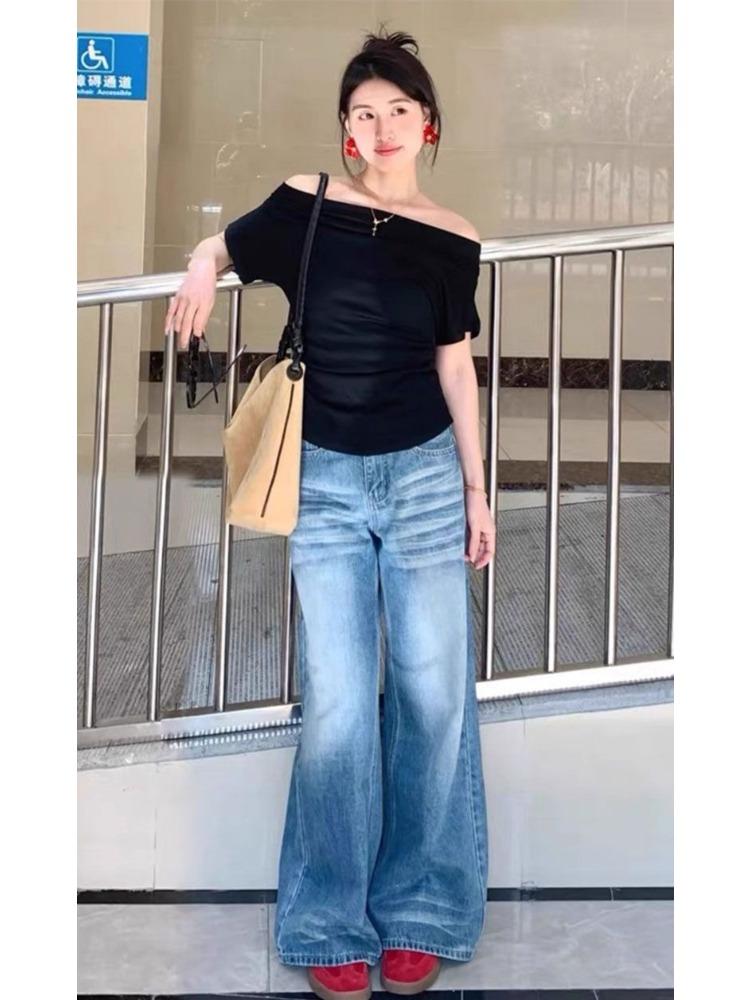Comfortable Large Size Straight Jeans Female Spring and Summer Pear-shaped Body Loose Thin High Waist Trailing Wide-legged Trousers Long Denim Pants