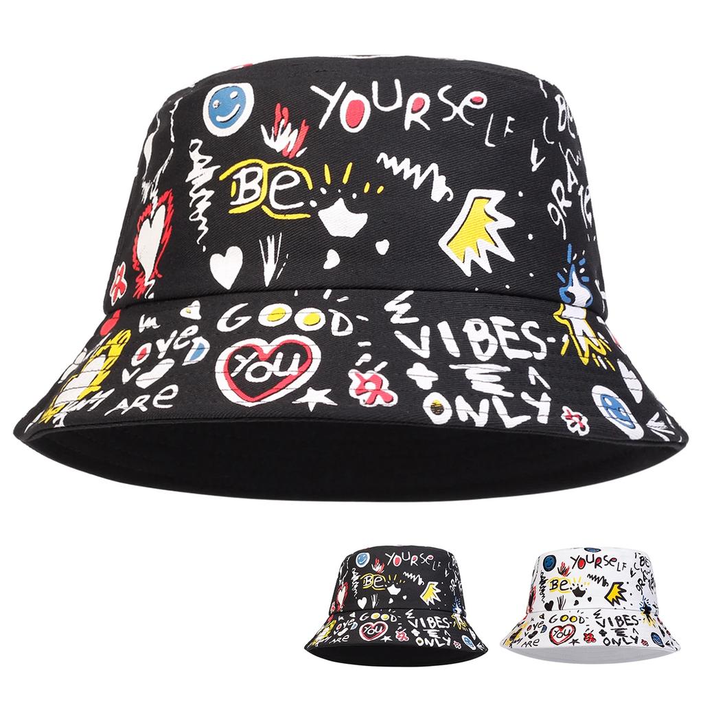 Unisex Lächelnde Krone Graffiti Print Persönlichkeit Eimerhüte Fischerkappen Outdoor Freizeitkappe Sonnenschutzhut
