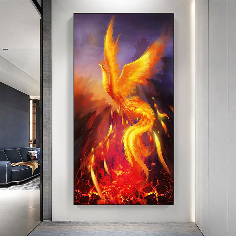 New Chinese Style Light Luxury Peacock Phoenix Canvas Painting Wall Art Abstract Golden Animal Posters for Porch Room Wall Decor