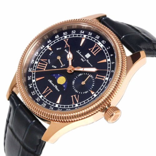 Salvatore Marra Men's Limited Edition Moon Phase Multi-Calendar Watch with 5 ATM Water Resistance, Leather Strap, Pink Gold and Blue SM24110-PGBL