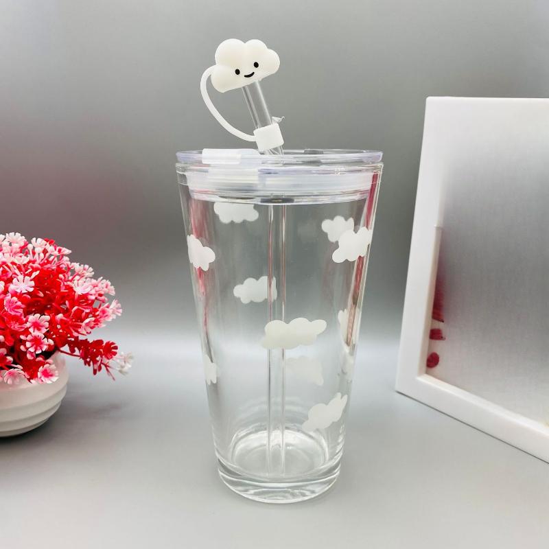 

Милі скляні чашки з соломинкою термостійкі чашки для кави, молока, води з кришкою-соломинкою, чашка для соку, смузі, холодних напоїв, соломинка, чашка для води 1 шт. 401-500ml