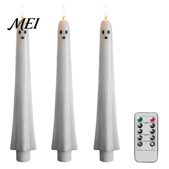Décorations d'Halloween à piles Fantôme Bougies Coniques Sans Flamme, Lumière de Bougie Vacillante avec Veilleuses de Forme Unique Télécommande, Cire Véritable 3D