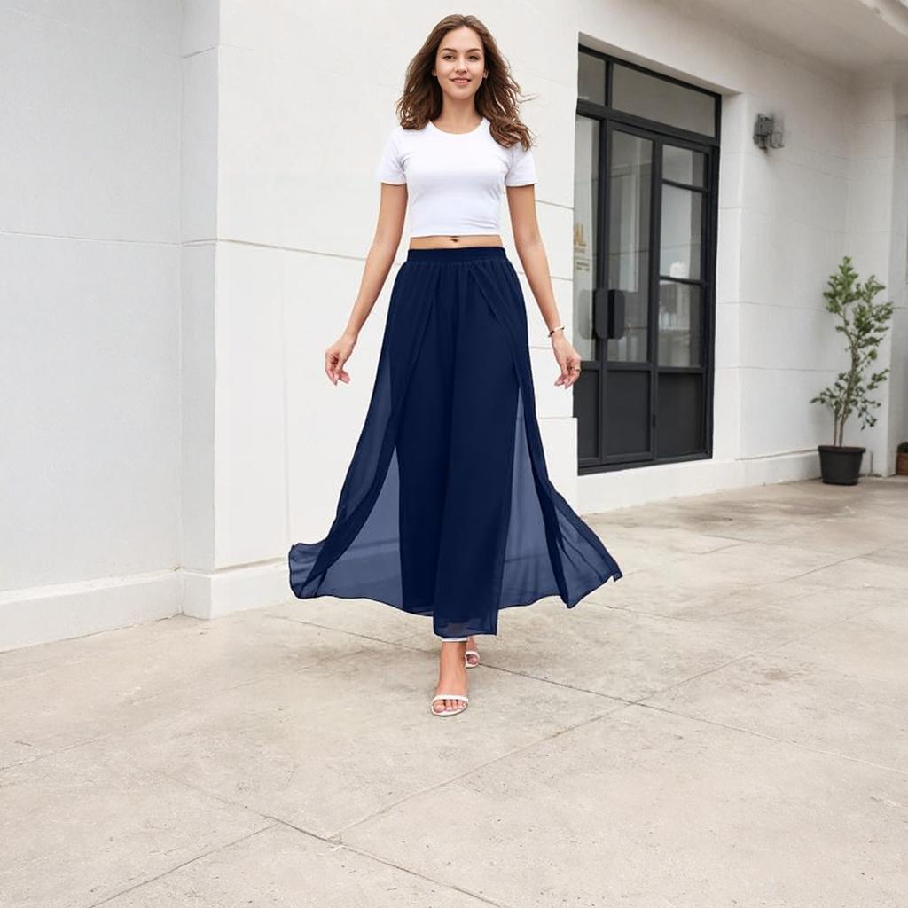 Women's Wide Leg Dress Pant Elegant Party Elastic Waist Trouser With Pockets