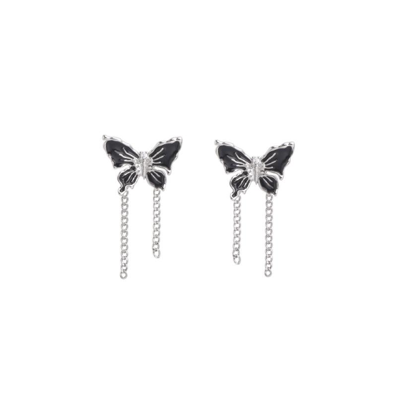 Sweet and spicy style~ black butterfly chain stud earrings women's light luxury high-end temperament earrings Korean niche personalized earrings
