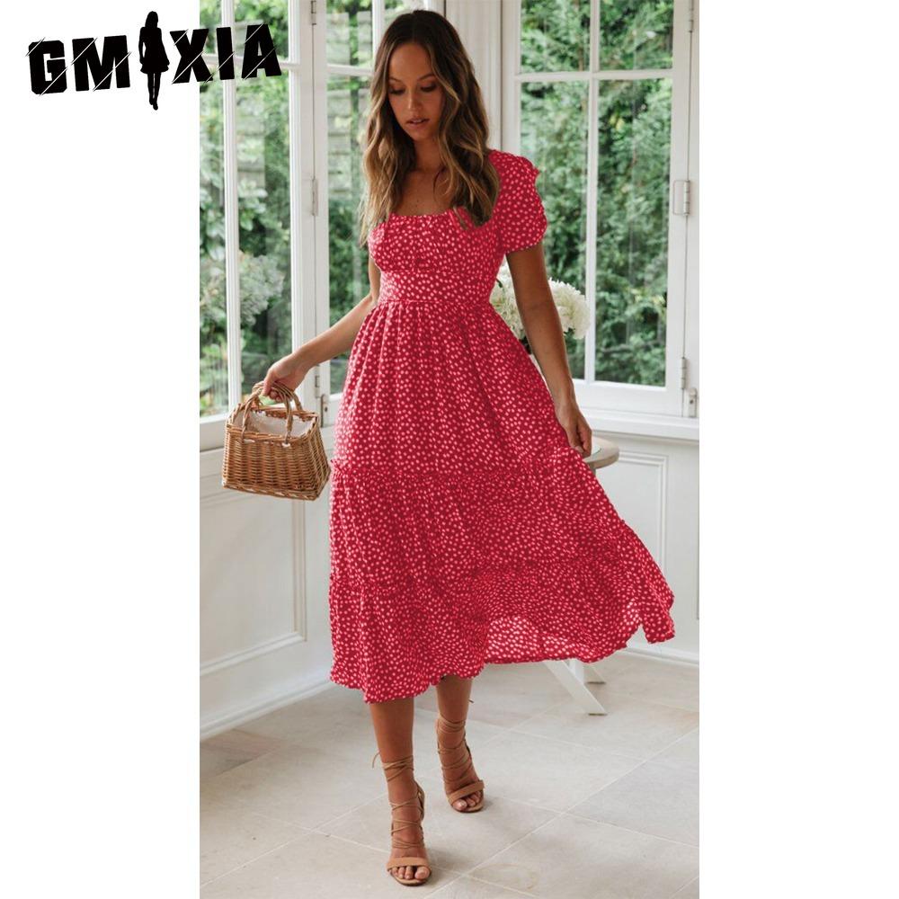 GMXIA Summer Love Polka Dot Dress Women Casual A-Line Short Sleeve Square Collar Ruffle Midi Dress Chiffon Red Black Blue Green
