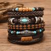 Boho Bracelet Set for Men Leather Braided Wrap Bracelet with Wood Beads Bull Skull & Evil Eye Charm Ethnic Viking Style Jewelry