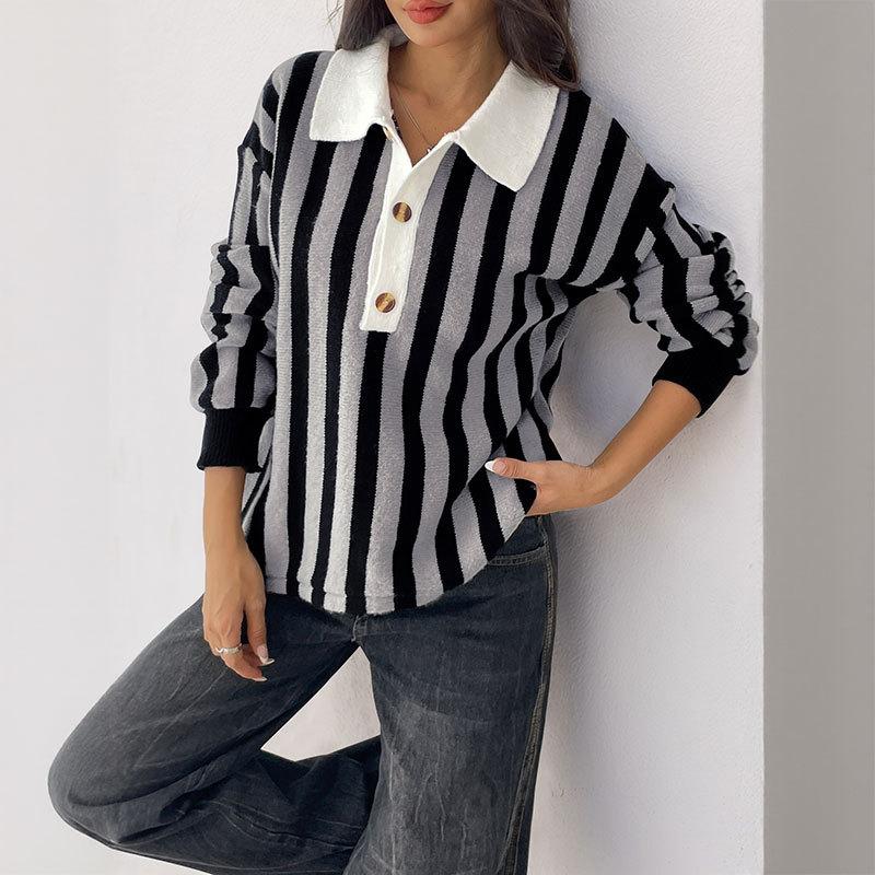 New Neutral Style Vertical Striped Lapel Knitted Pullover Sweater for Women in Autumn and Winter