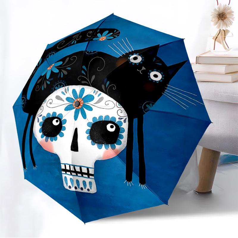 1PC Sugar Skull Cat Auto Folding Umbrella - Compact 8-Rib Design, Durable Plastic & Iron, Lightweight for Outdoor Daily Use097
