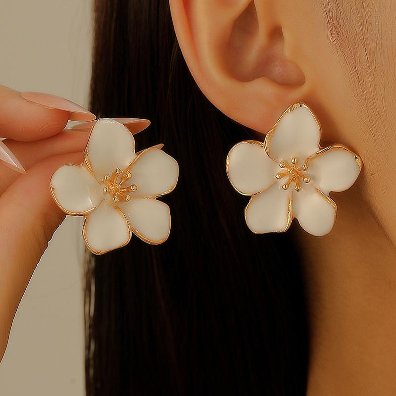 New Fashion Glaze Enameled Flower Stud Earrings For Women Girls French Ins Vintage Korean Wedding Romantic Gold Color Zircon
