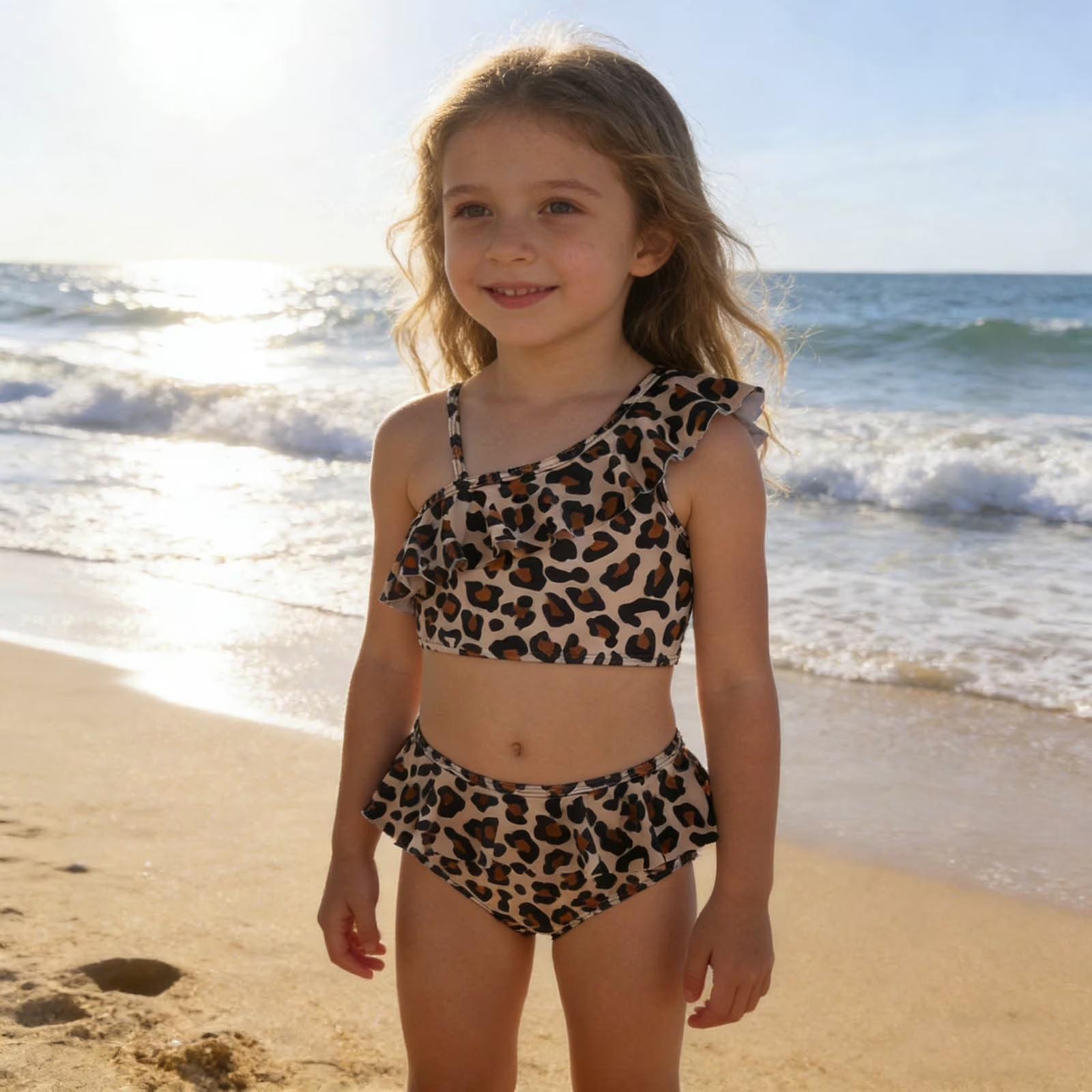 Girls Two Piece Swimsuit Set One Shoulder Ruffle Top and High Waist Bottoms with Ruffle Detail Lightweight Stretch Fabric 100