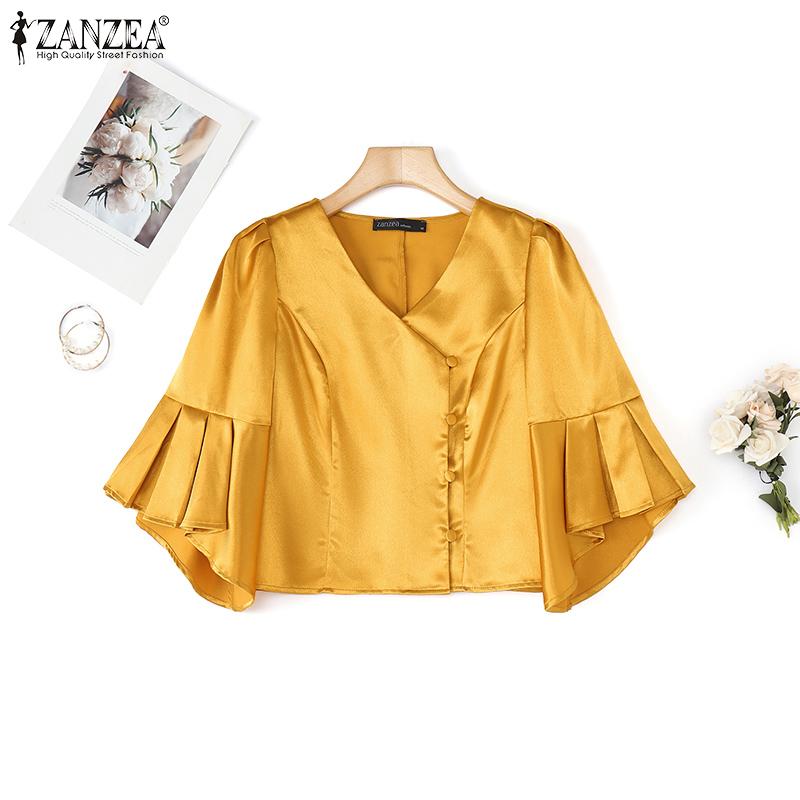ZANZEA Women Casual V-Neck Summer Half Sleeve Satin Blouse