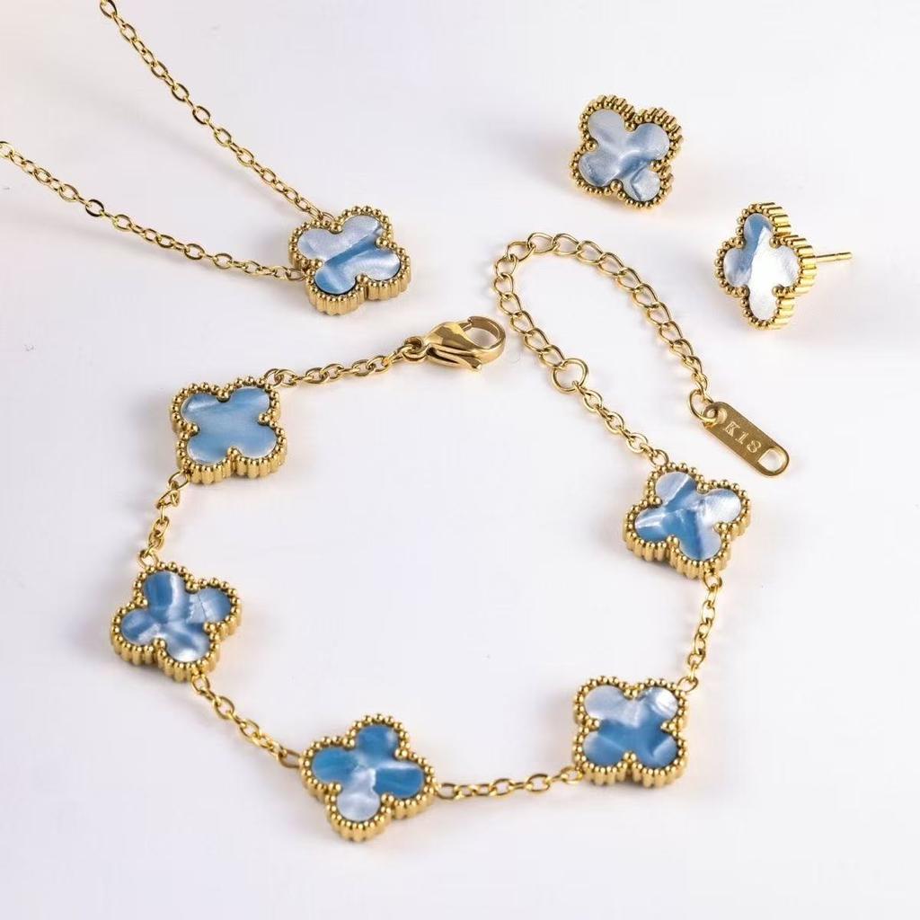 3 pièces collier trèfle bracelet boucles d'oreilles en acier titane à la mode, cadeau luxueux pour la Saint-Valentin et la fête des mères