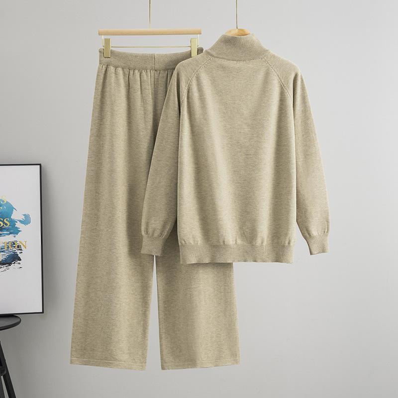 Autumn and Winter Semi-zipper Solid Color Sweater Knitted Femininity Versatile Sweater Wide-leg Pants Set