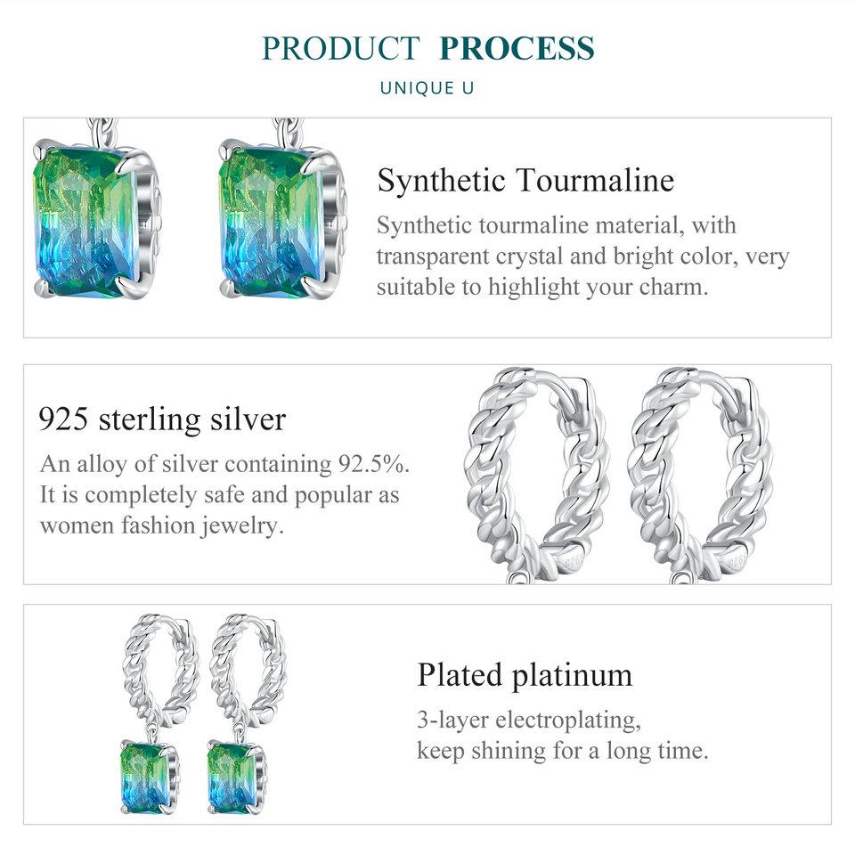 BAMOER 925 Sterling Silber Kette Ohrschnallen Blau und Grün Turmalin Creolen für Frauen Party Elegent Edlen Schmuck