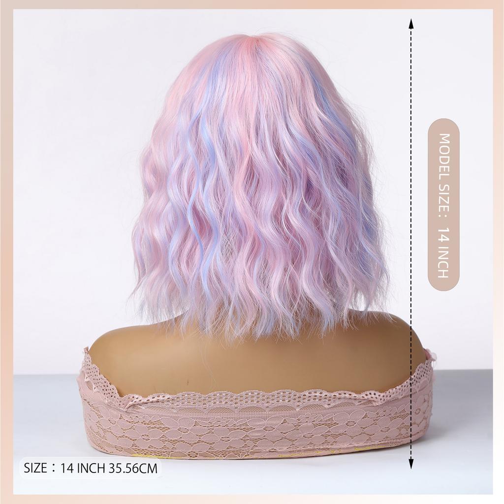 Pink Purple Mixed Blue Curly Wavy Synthetic Wigs with Bangs for Women Colorful Party Cosplay Natural Hair Wig Heat Resistant Use